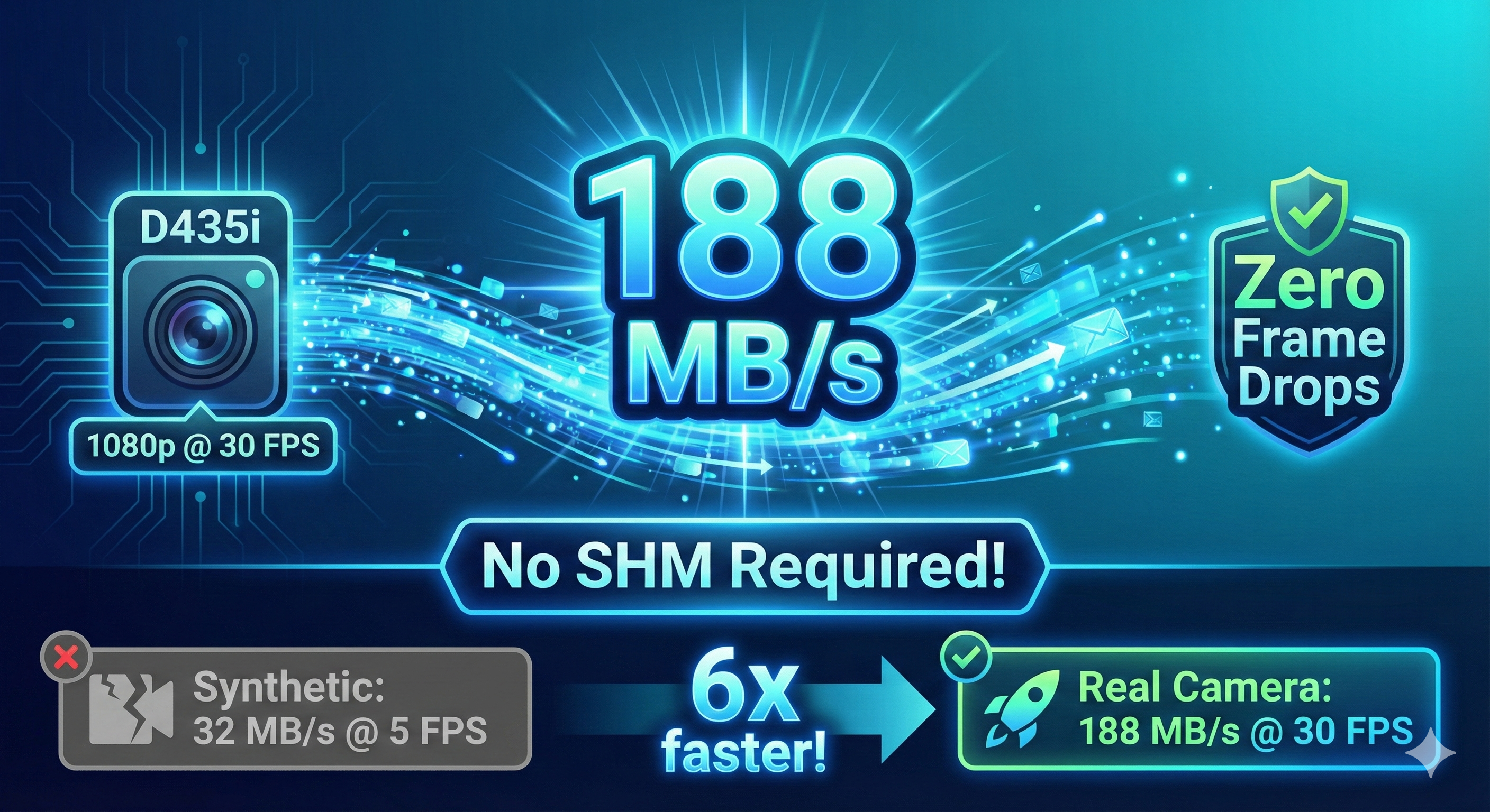 Hero infographic showing Zenoh TCP achieving 188 MB/s with zero frame drops