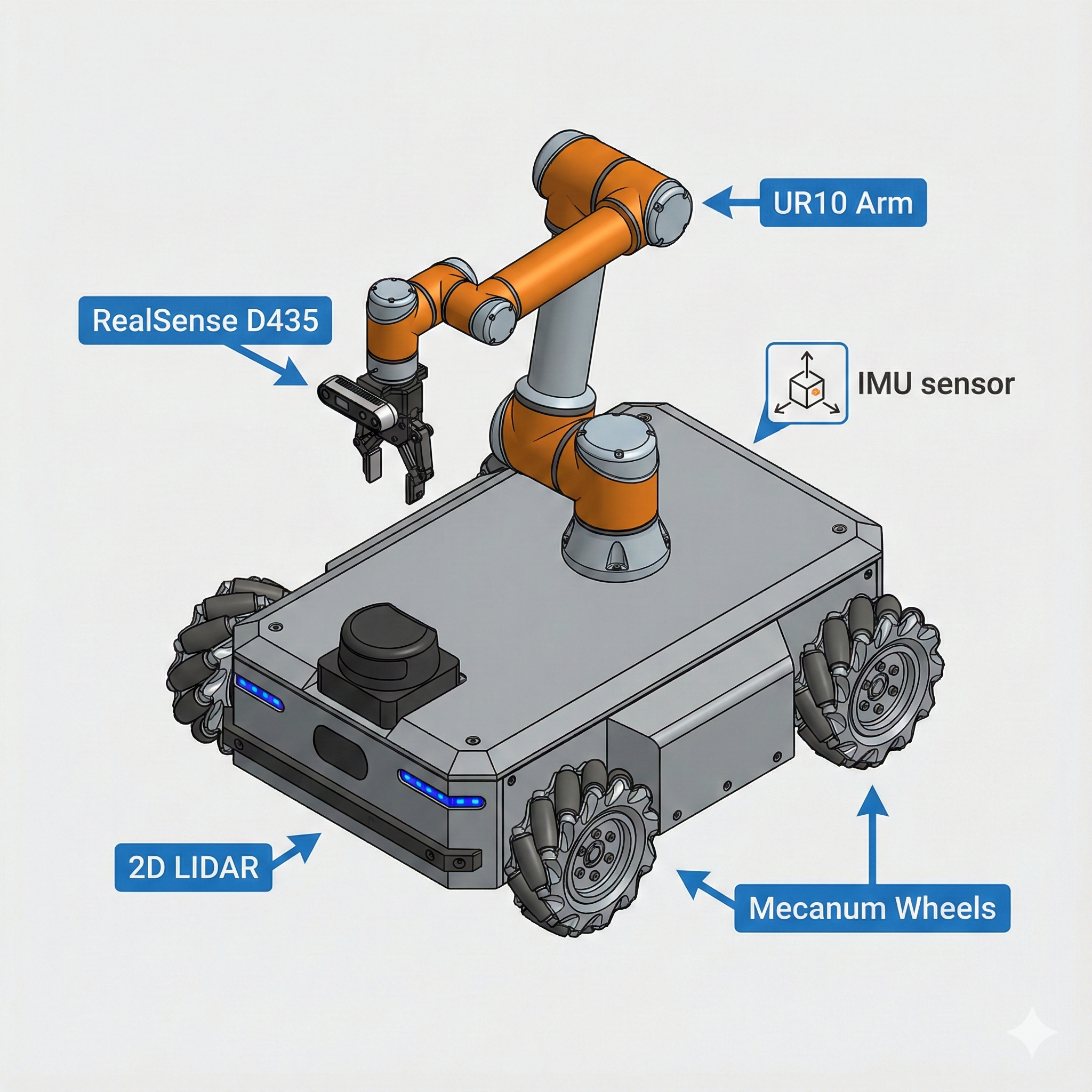 Illustration of Neobotix ROX industrial mobile robot showing rectangular base with mecanum wheels, UR10 robotic arm, RealSense D435 camera, and 2D LIDAR scanner