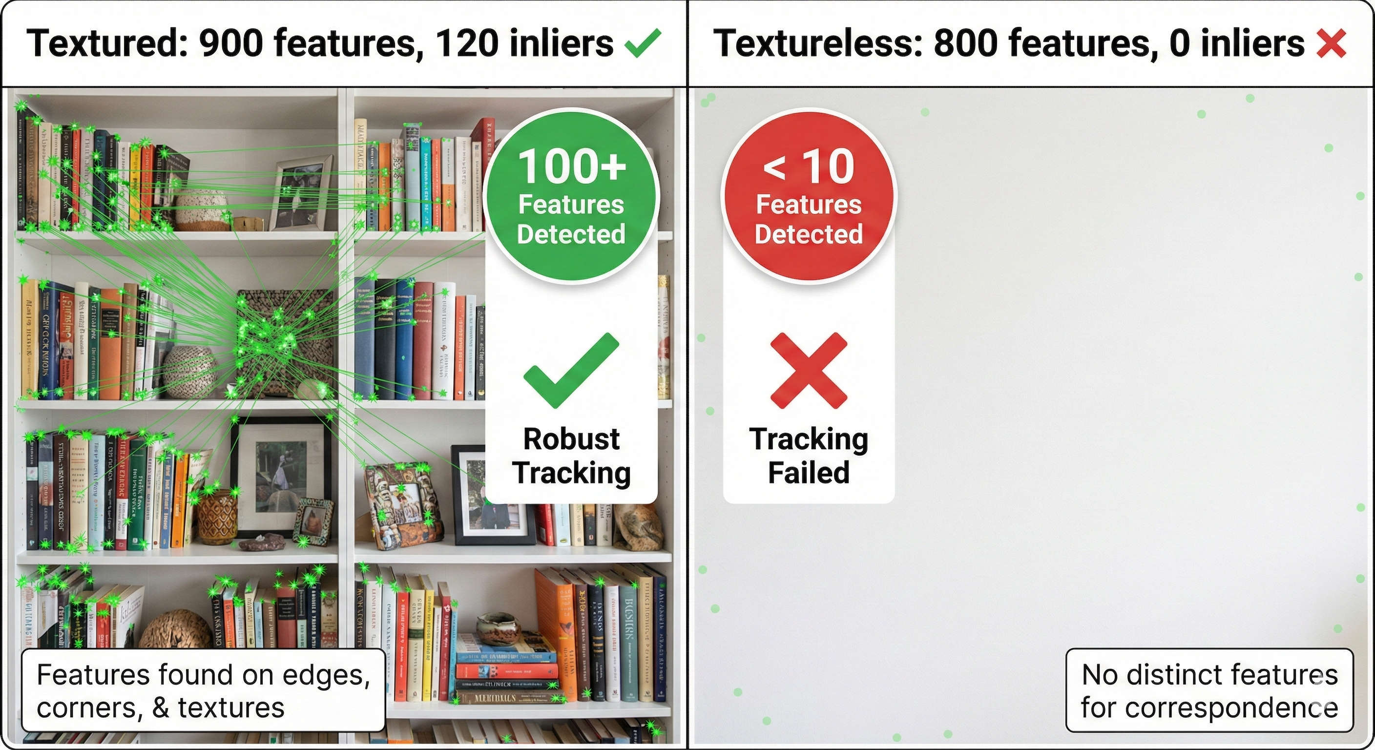 Comparison of feature detection on textured vs textureless surfaces