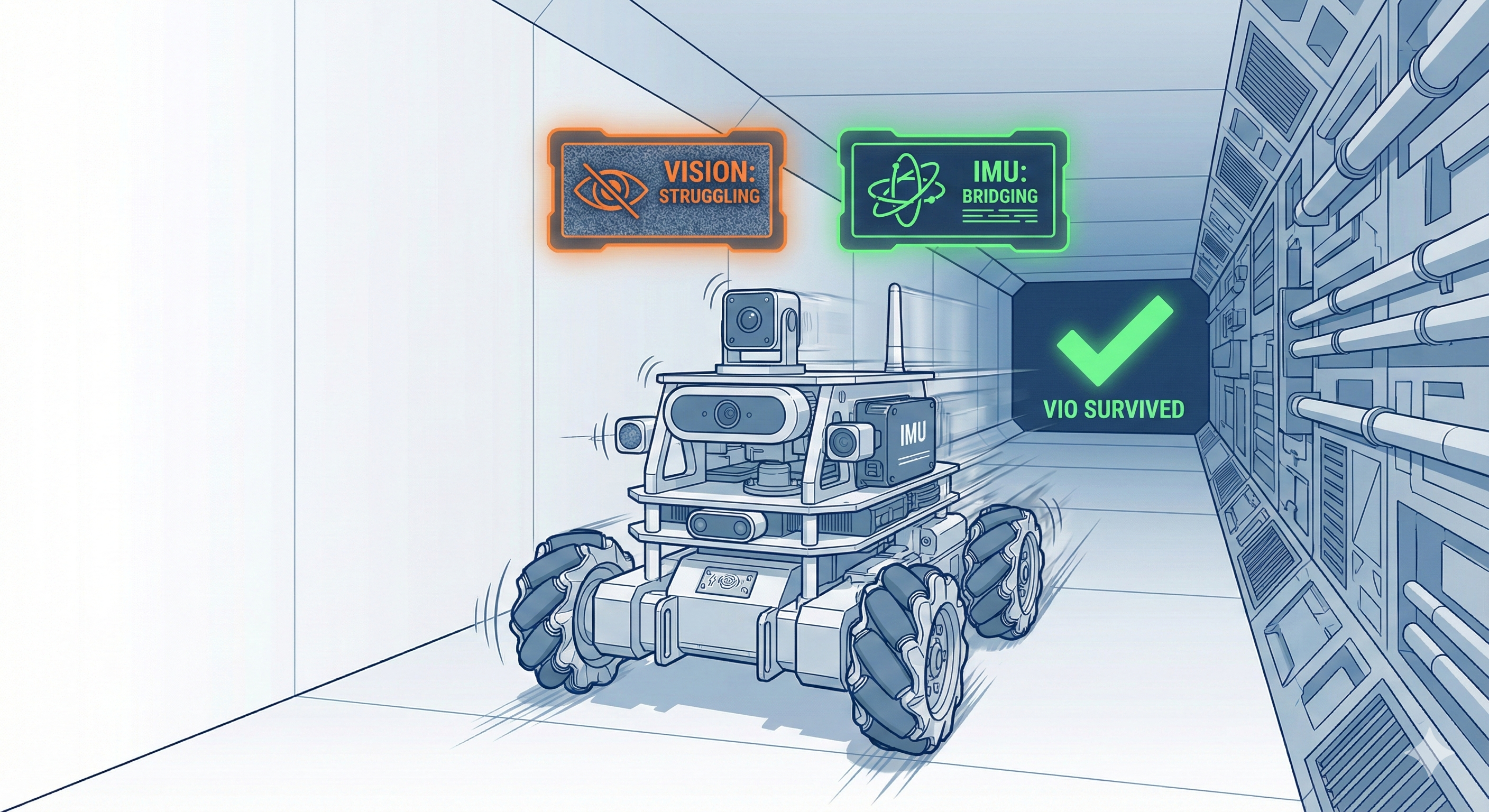 VIO survives combined stress: robot navigates through challenging conditions