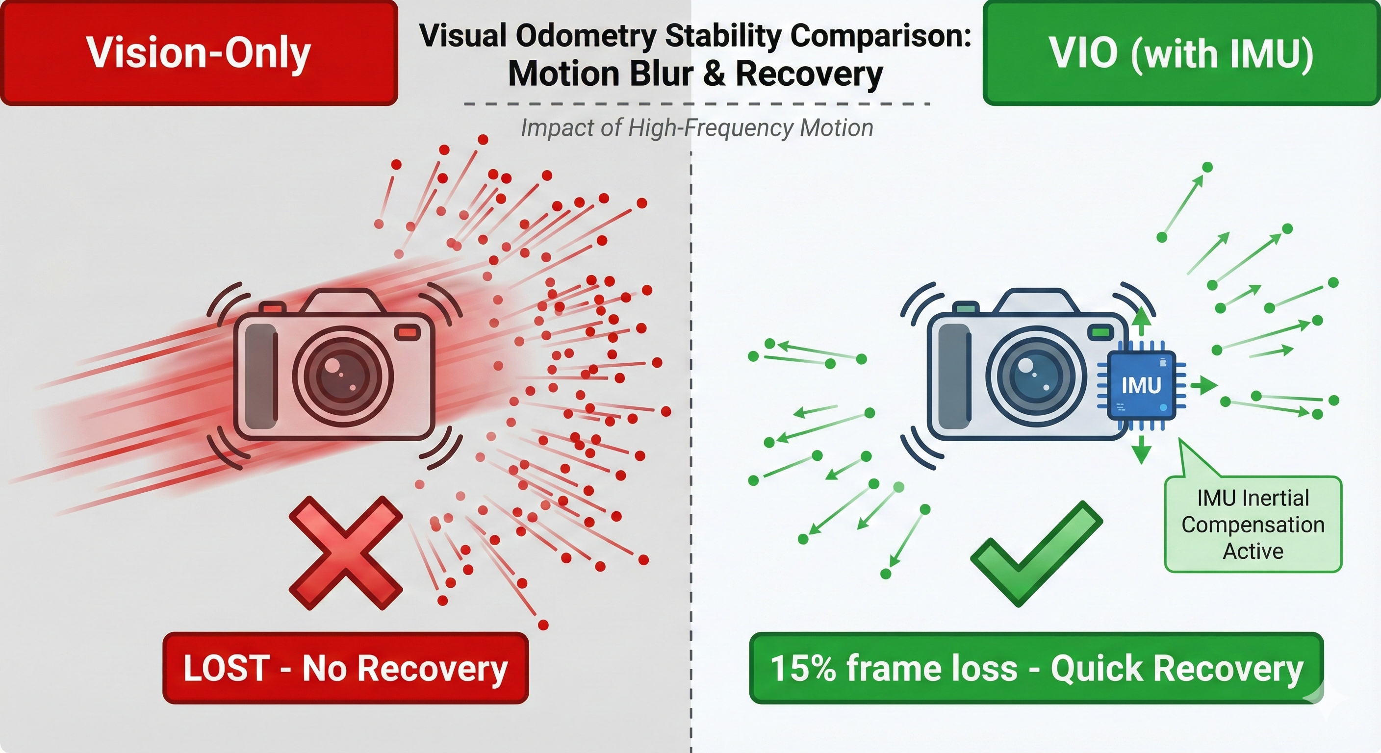 Side-by-side comparison: Vision-only fails during motion, VIO survives